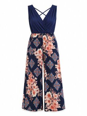NWT Navy Floral Wide Leg Palazzo Jumpsuit Criss Cross Sleeveless Boho Chic M